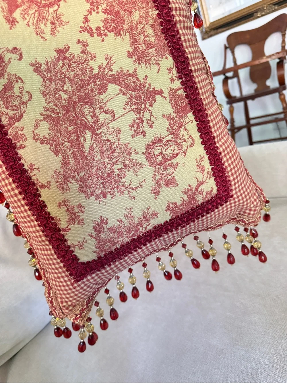French Country Cottage Red Ivory English Toile Check Tassels Beaded Foam Pillow